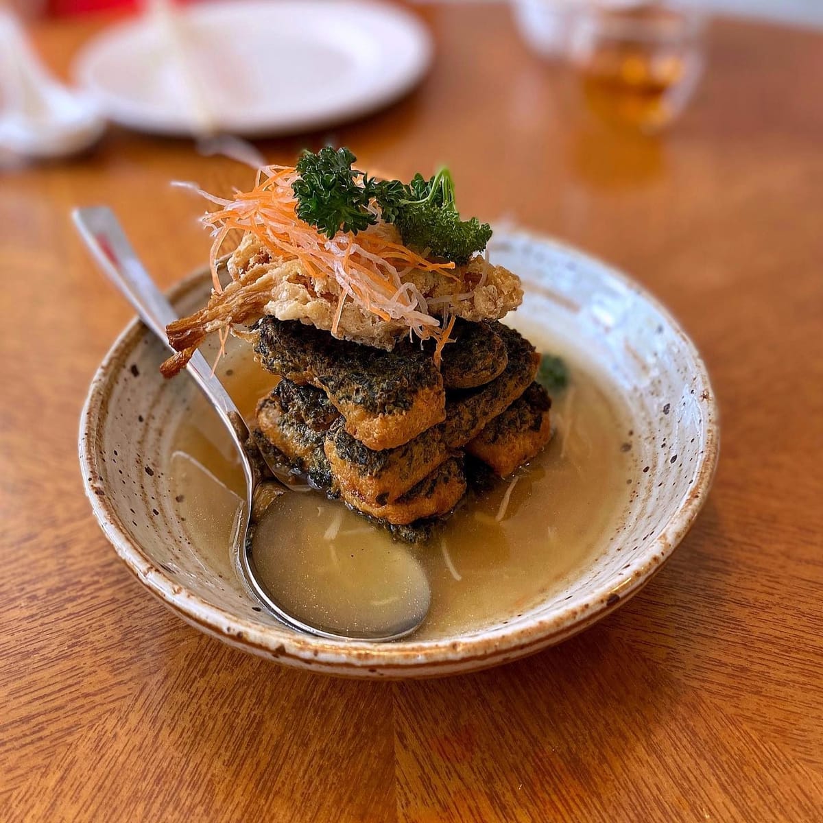 Braised Homemade Spinach Egg Tofu with Mushrooms and Dried Scallops